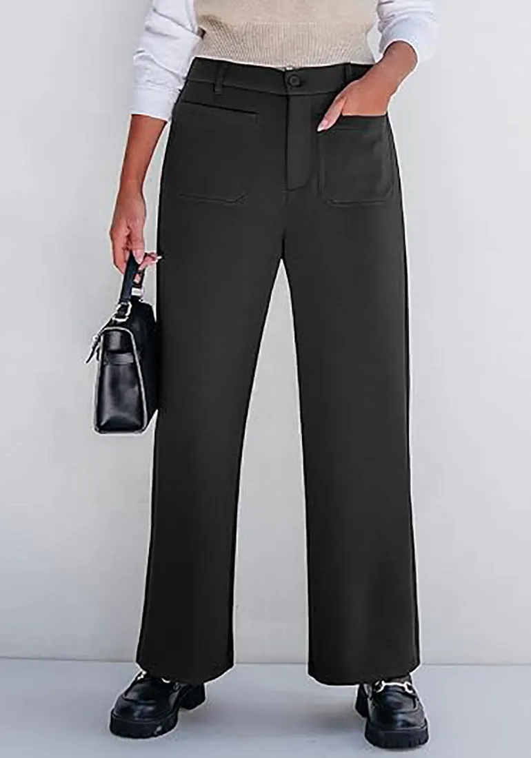 Black Women's  High Waist Relaxed Fit Wide Leg Cropped Length Style Casual Pants With Pockets