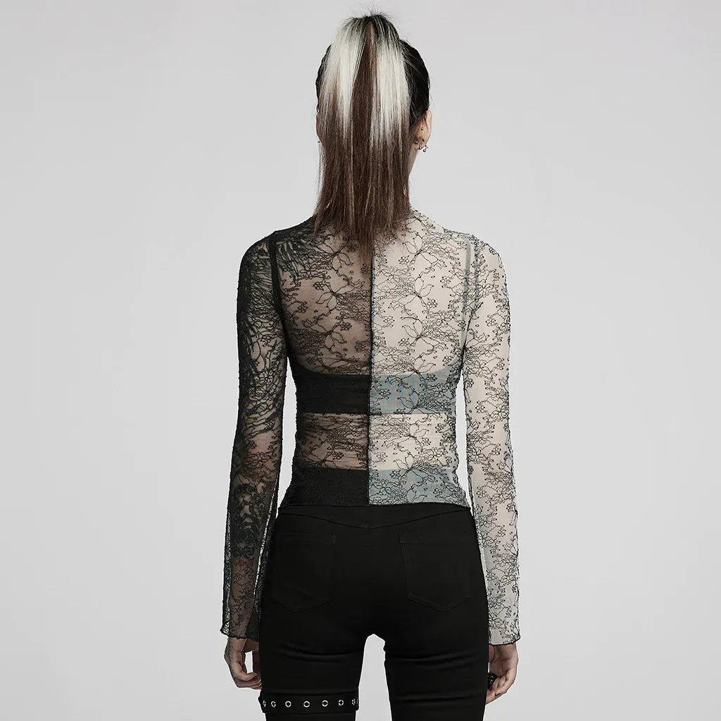 Black/White Half and Half Spliced Lace Top