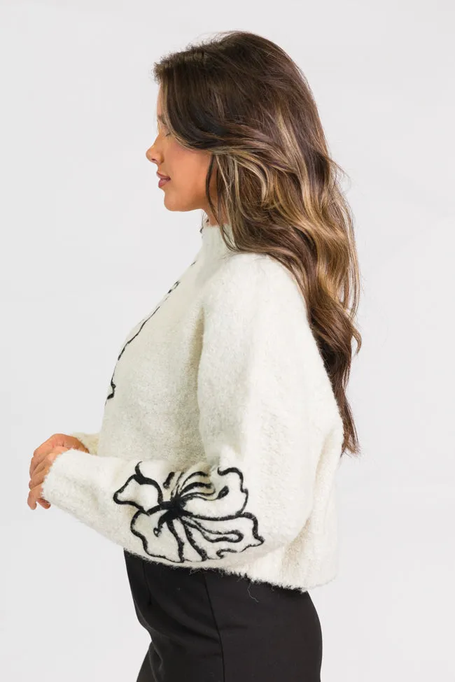 Bloom Again Ivory and Black Large Floral Mockneck Sweater SALE