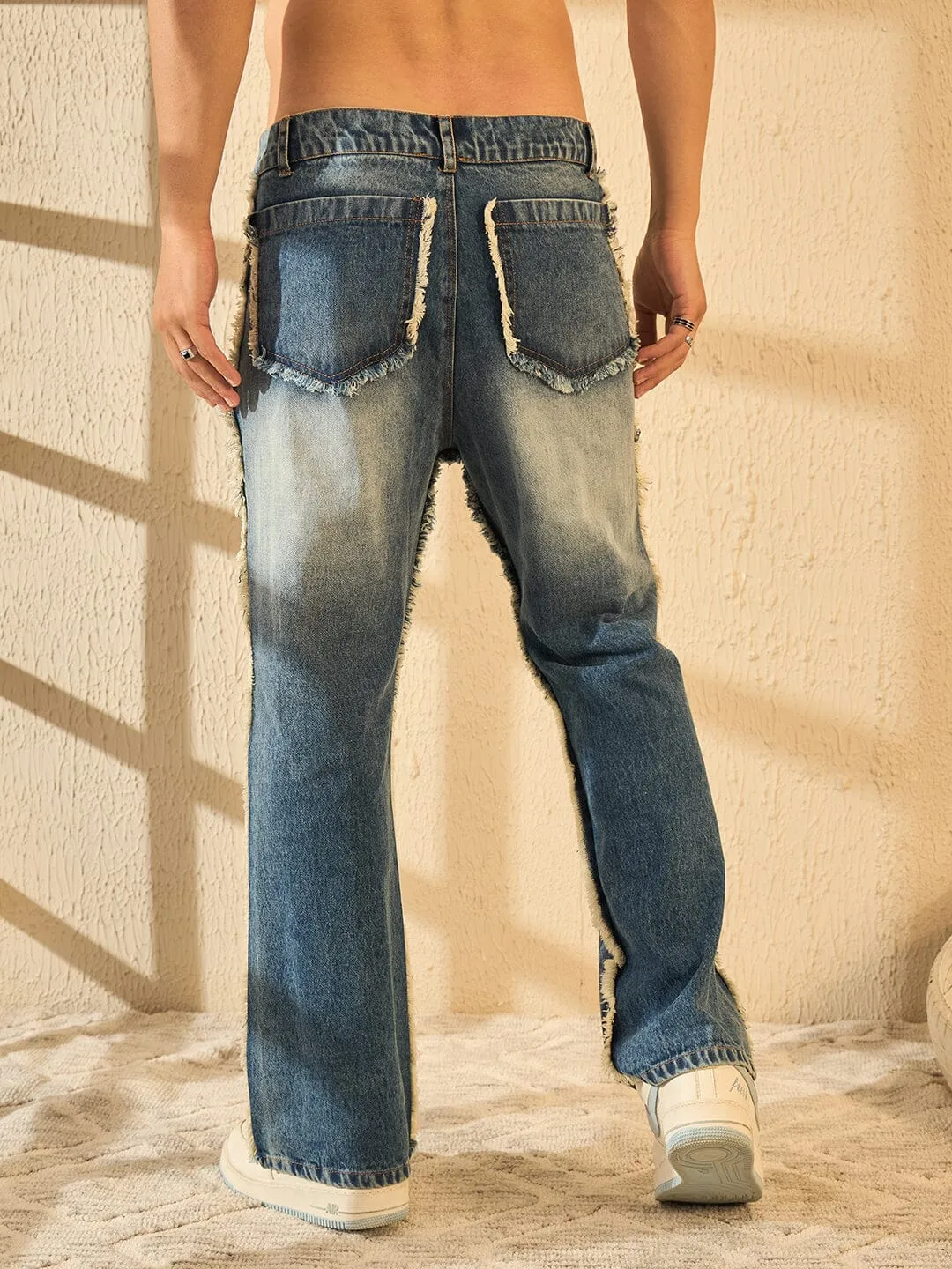 Blue Frayed Wide Leg Denim