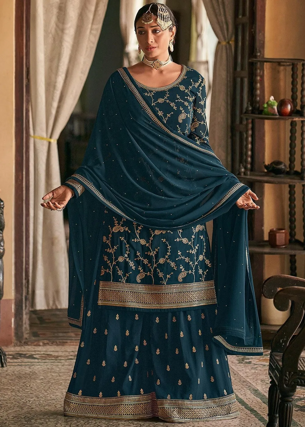 Blue Stone Work Embroidered Georgette Sharara Suit