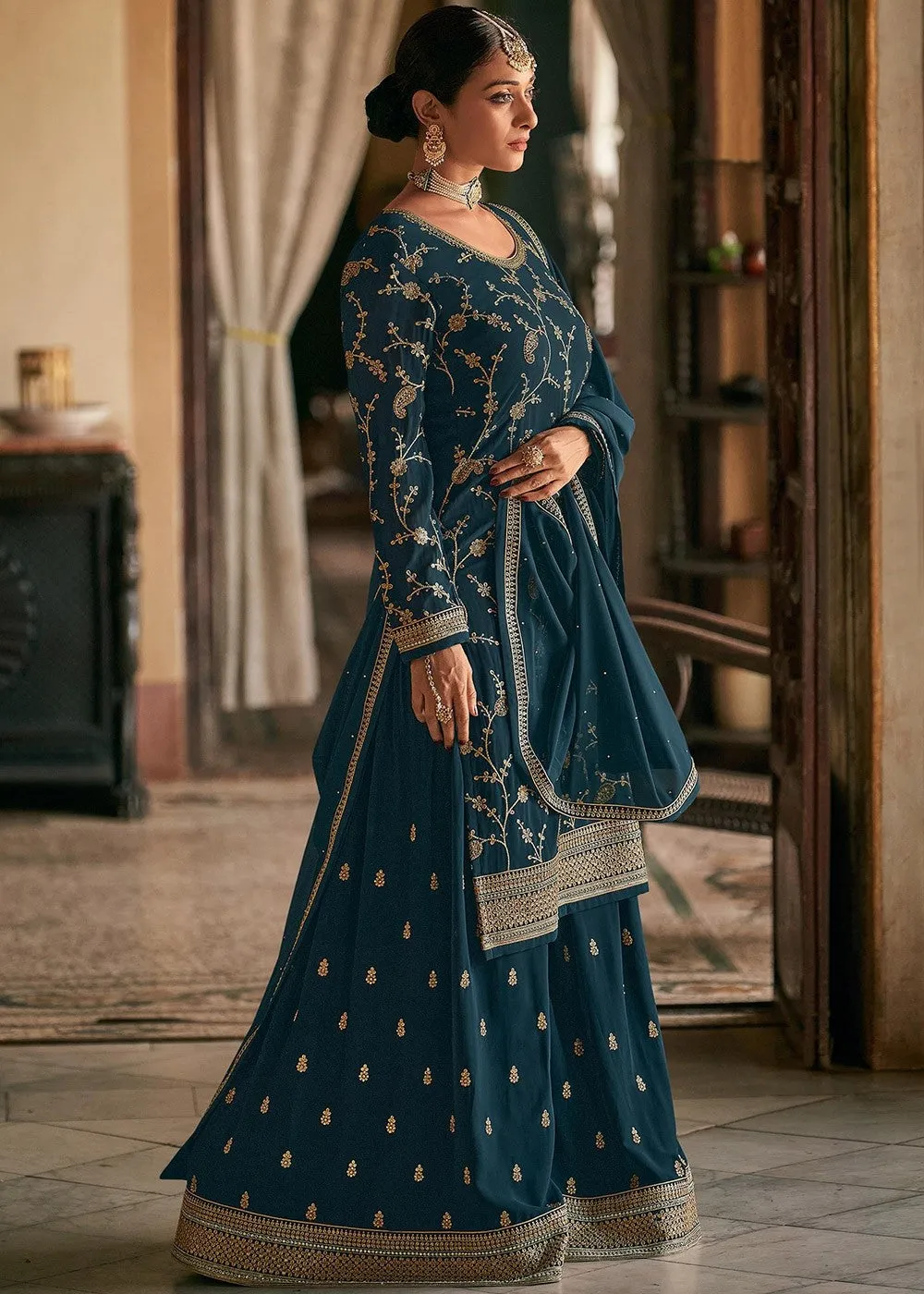 Blue Stone Work Embroidered Georgette Sharara Suit