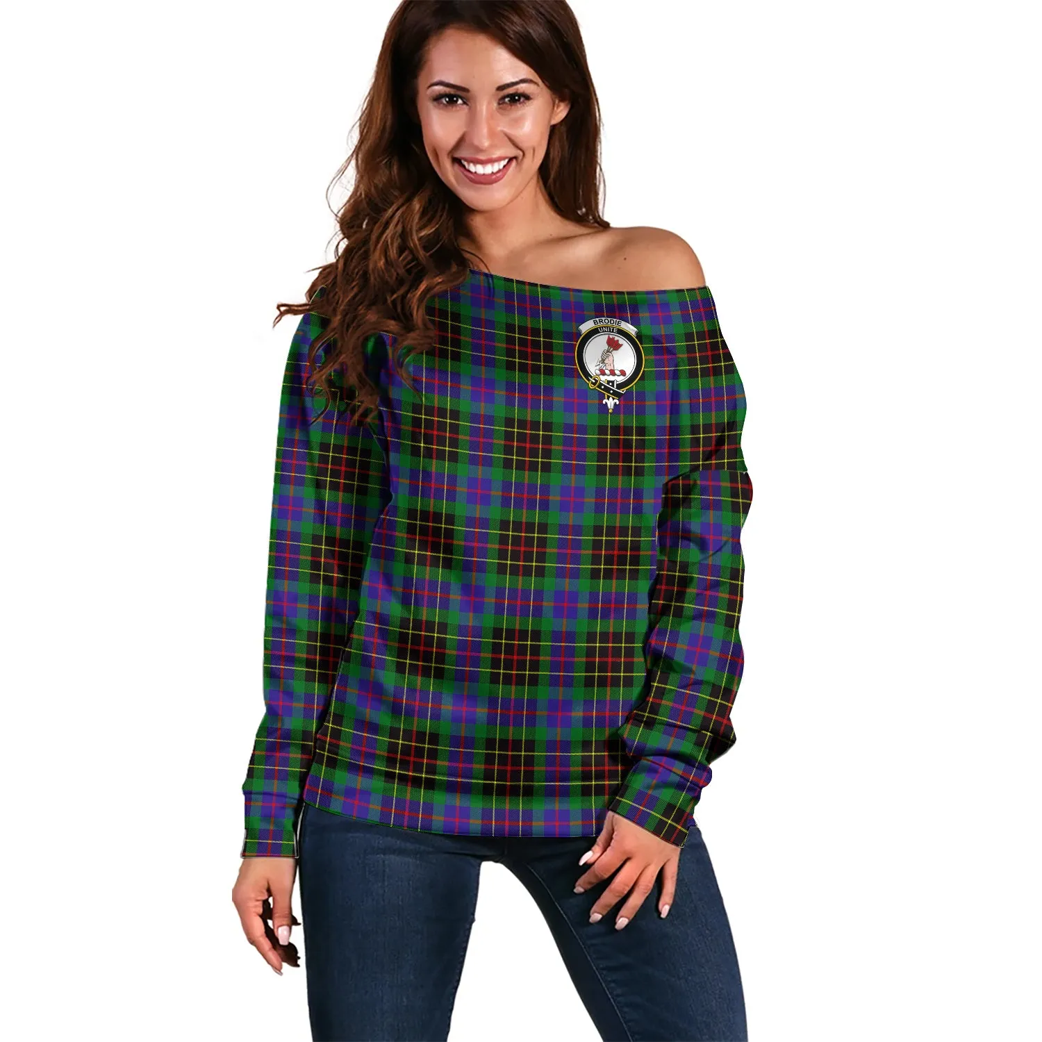 Brodie Hunting Modern Tartan Off Shoulder Women Sweater with Family Crest