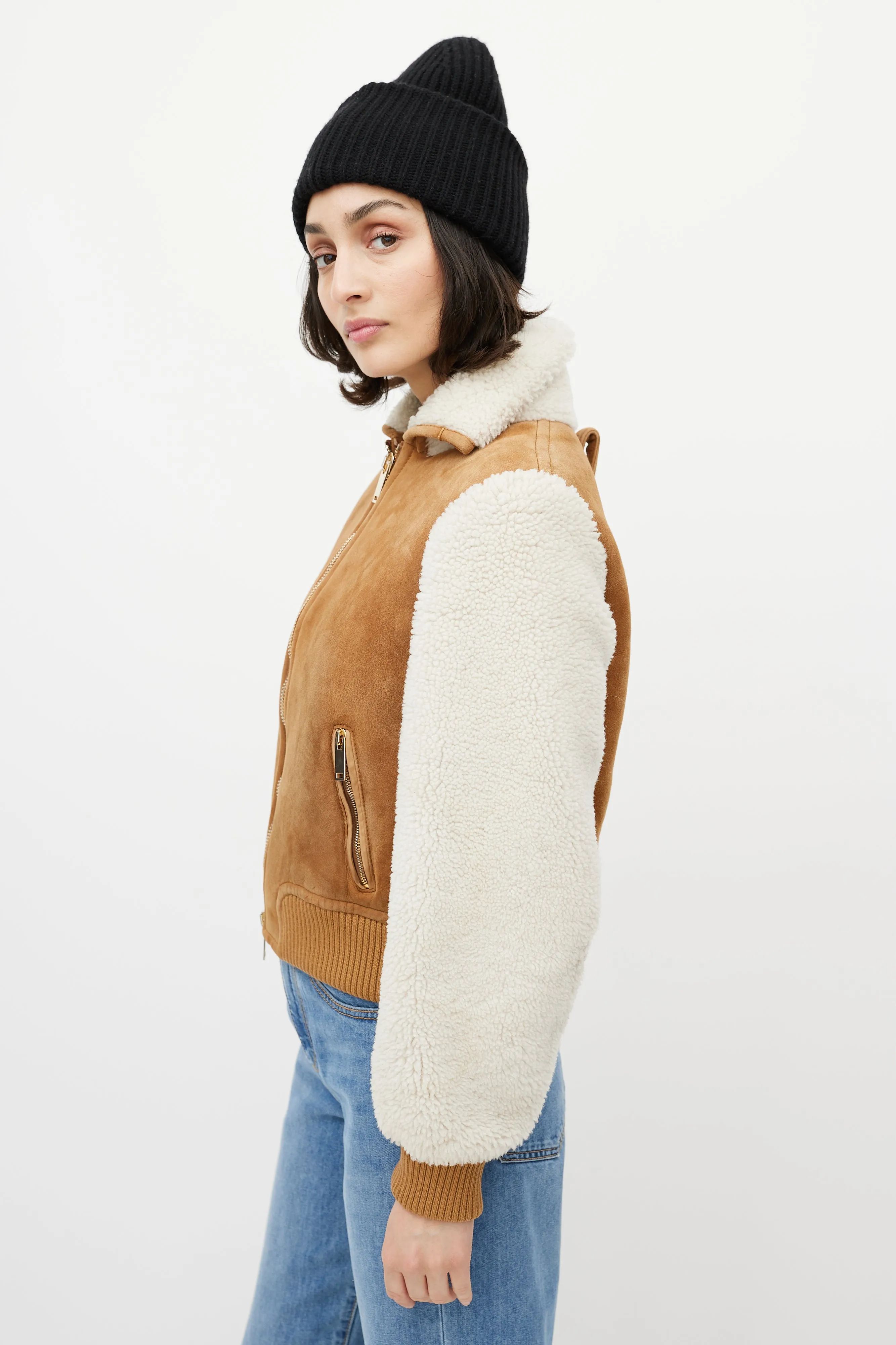 Brown & White Suede Shearling Cropped Jacket