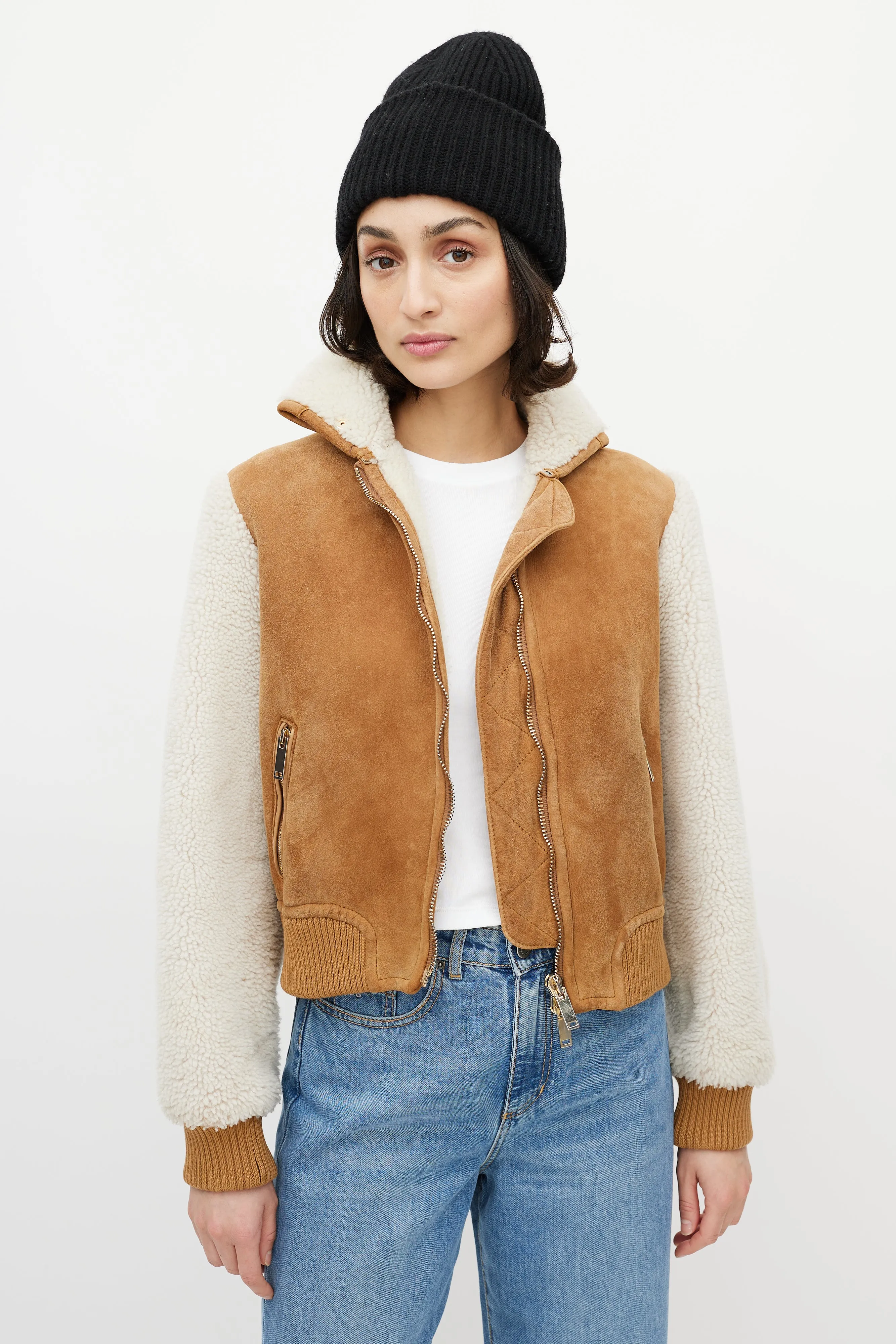 Brown & White Suede Shearling Cropped Jacket