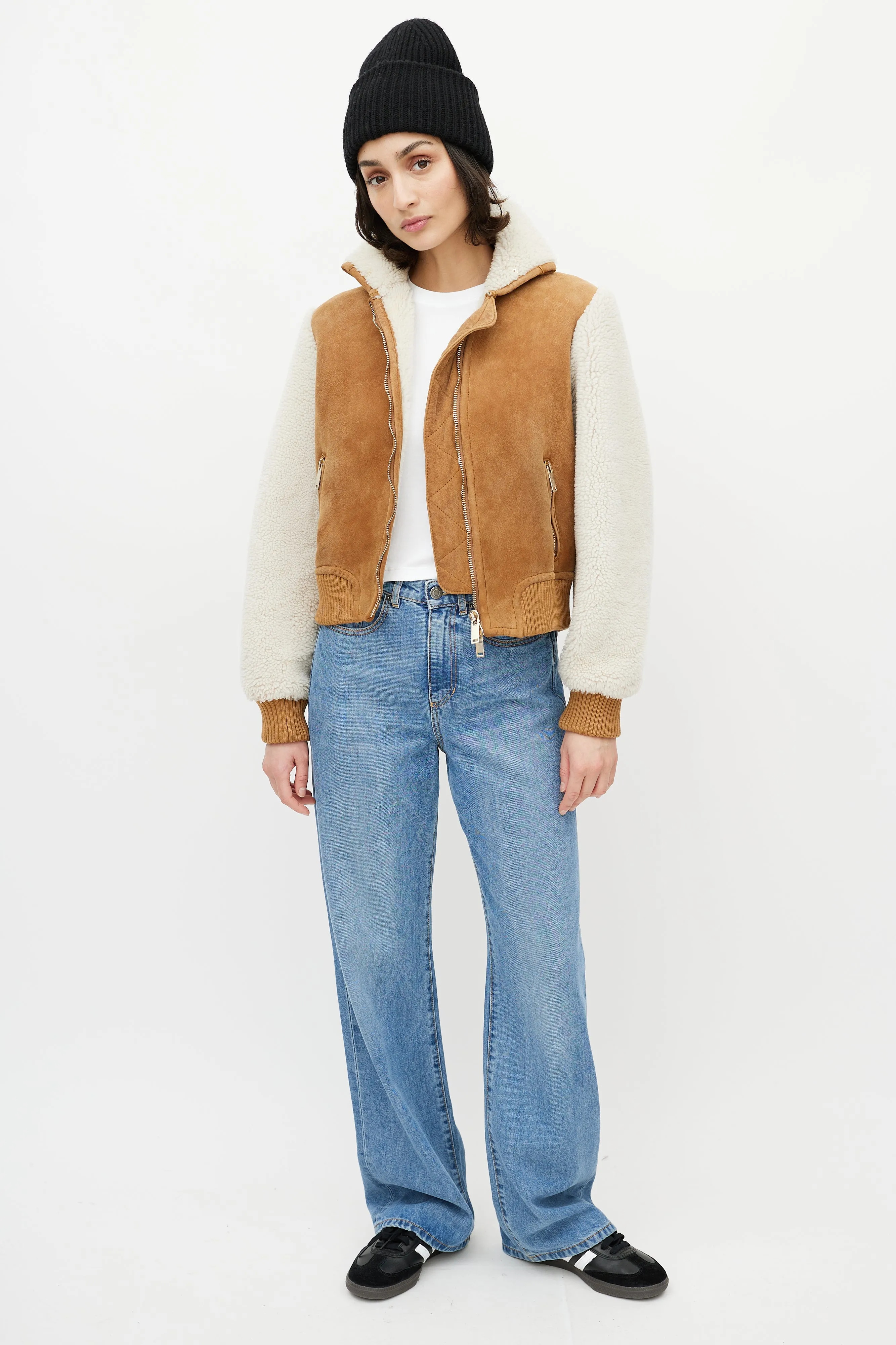 Brown & White Suede Shearling Cropped Jacket