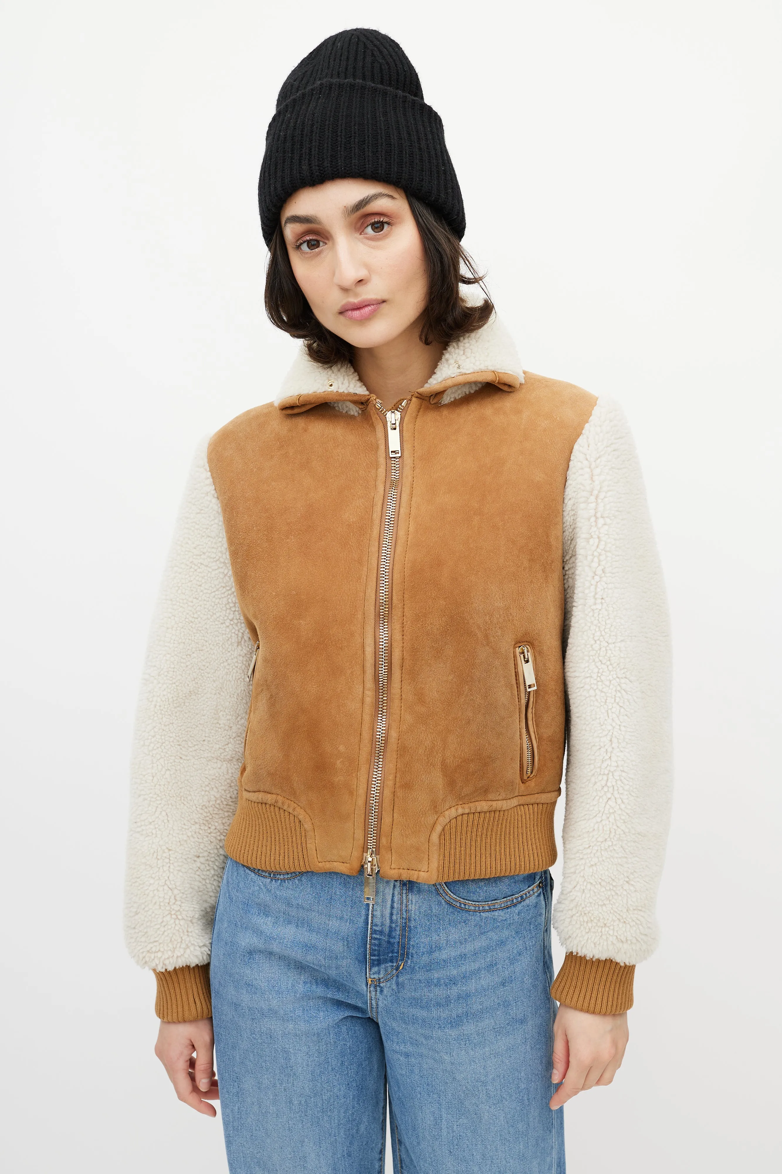 Brown & White Suede Shearling Cropped Jacket