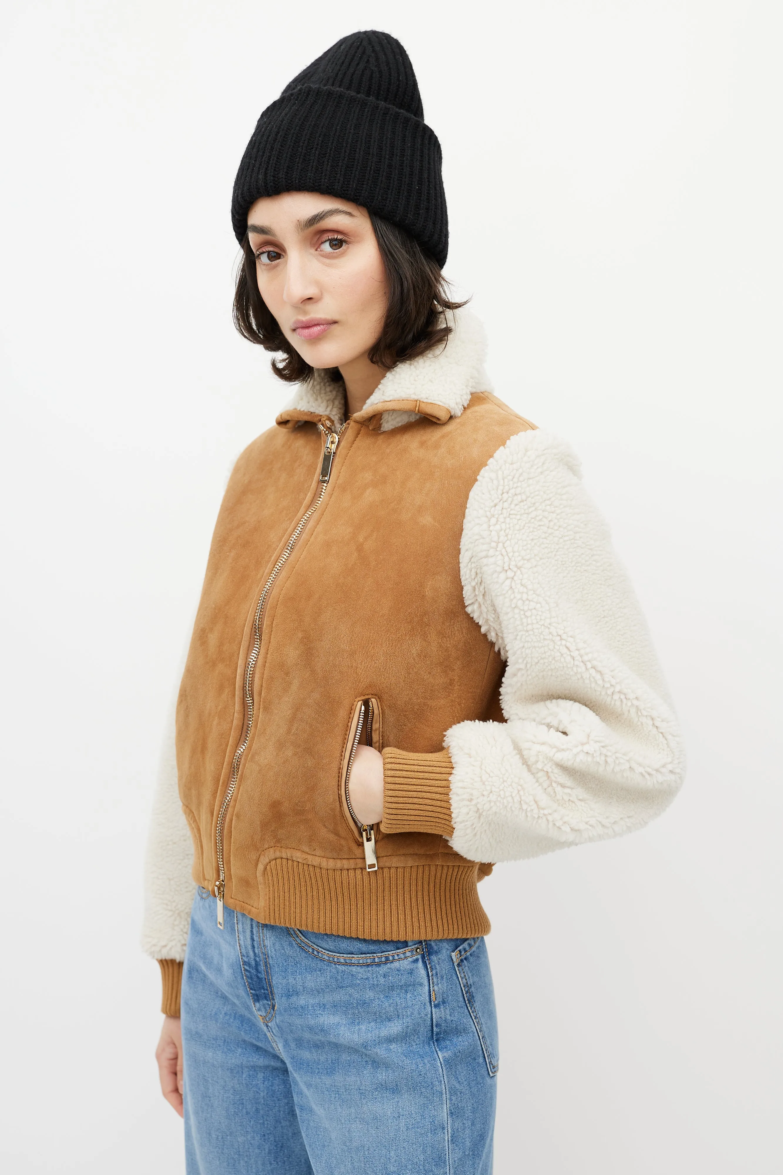 Brown & White Suede Shearling Cropped Jacket