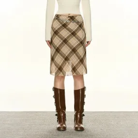 Button Accents Plaid Knee-Length Pencil Skirt