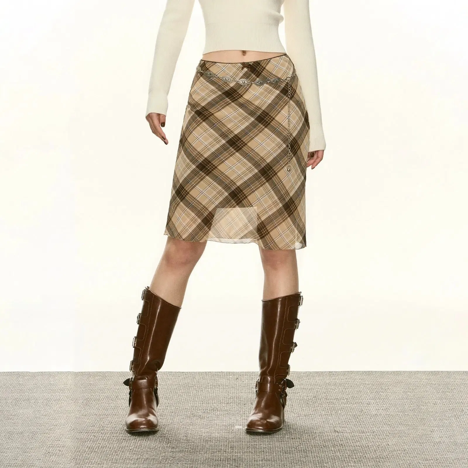 Button Accents Plaid Knee-Length Pencil Skirt