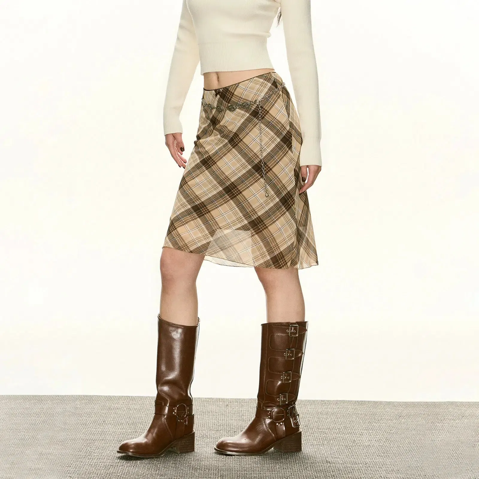 Button Accents Plaid Knee-Length Pencil Skirt