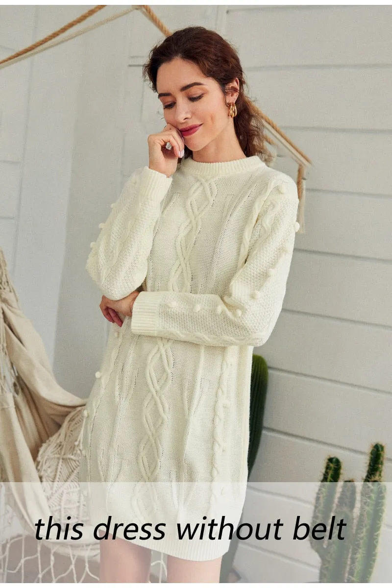 Casual Crew Neck Knitted Autumn Winter Long Sleeve Hairball Flexible Straight Sweater Dress