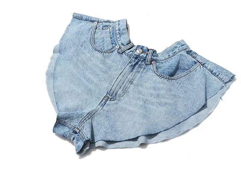 Casual Denim Shorts High Waist Ruffle Hem Loose Ruched Short Pants