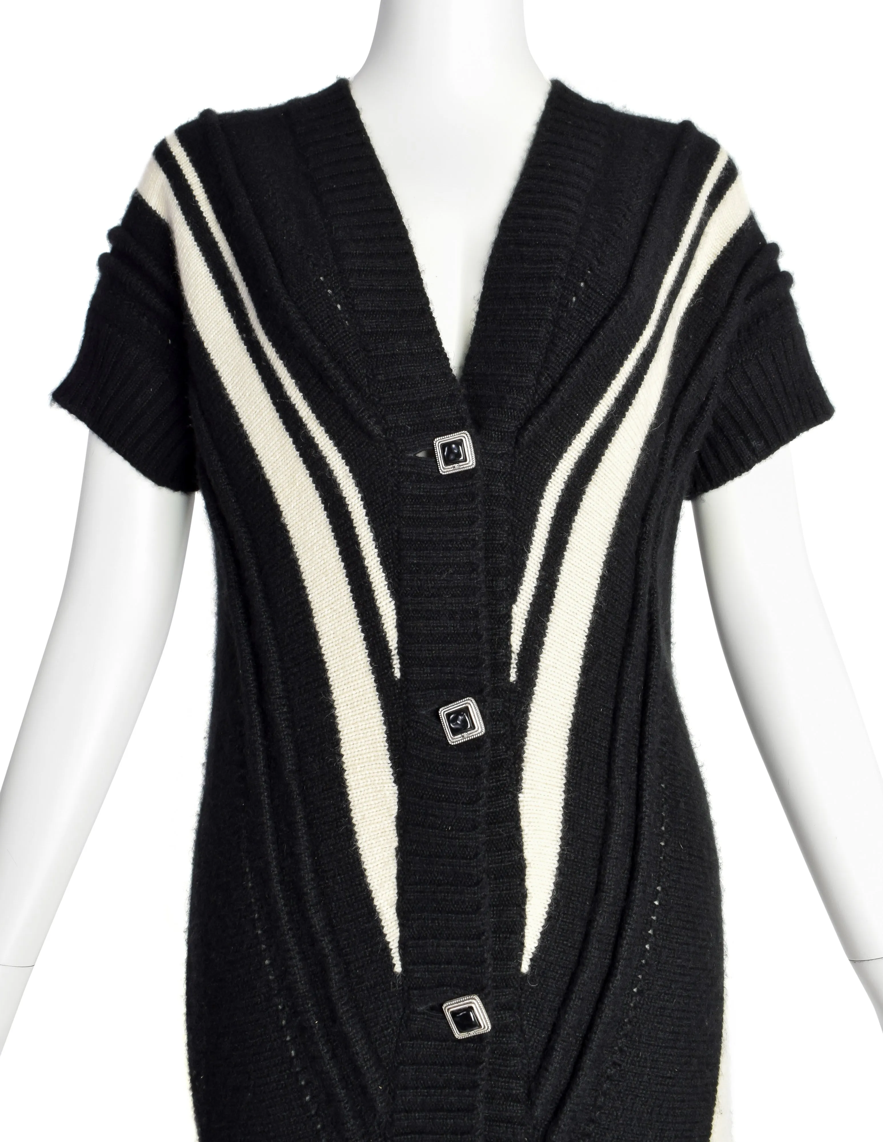 Chanel Vintage AW 2008 Black & Cream Cashmere & Mohair Longline Cardigan Sweater