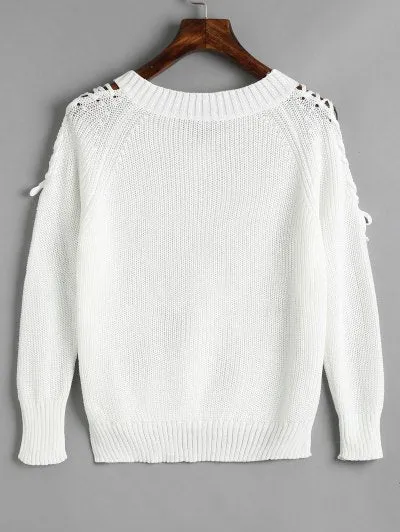 Chic V Neck Raglan Sleeve Lace Up Sweater