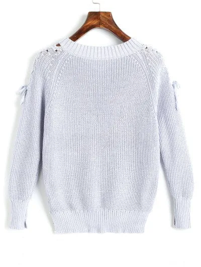 Chic V Neck Raglan Sleeve Lace Up Sweater