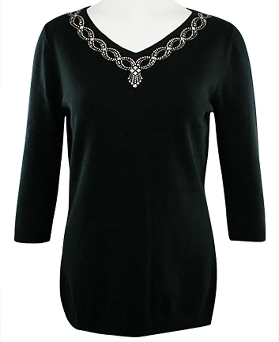 Christine Alexander - Silver Gold Twist, Swarovski Crystal V-Neck Black Sweater