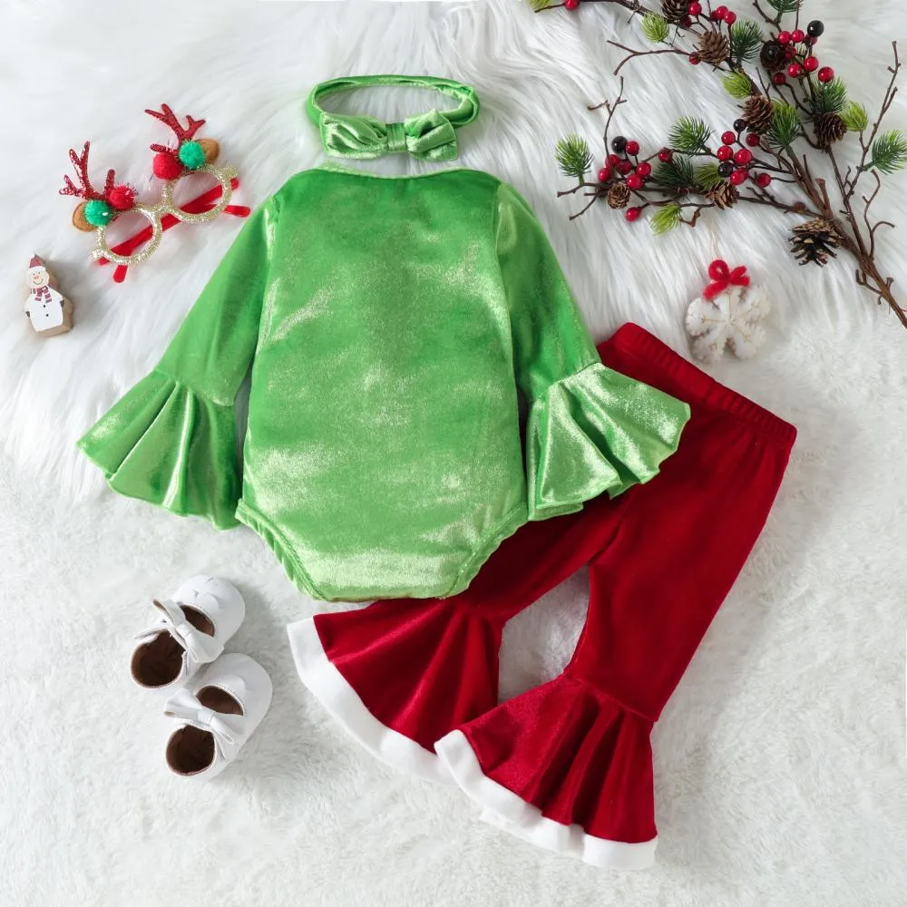 Christmas Heart Embroidered Romper Flared Trousers Headband Three-Piece Set Wholesale Baby Clothes