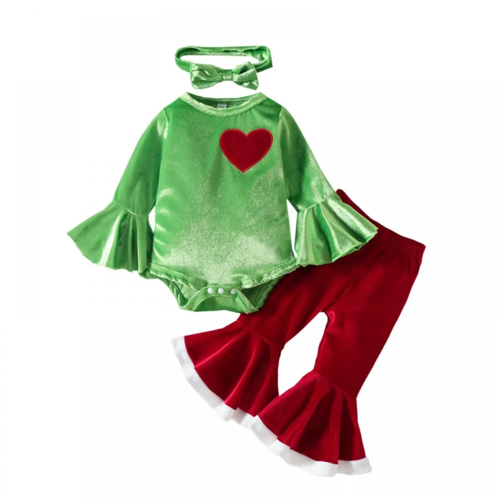 Christmas Heart Embroidered Romper Flared Trousers Headband Three-Piece Set Wholesale Baby Clothes