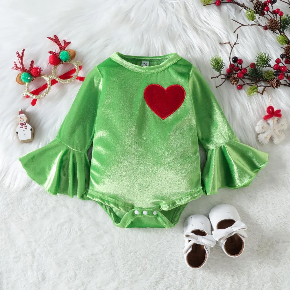 Christmas Heart Embroidered Romper Flared Trousers Headband Three-Piece Set Wholesale Baby Clothes