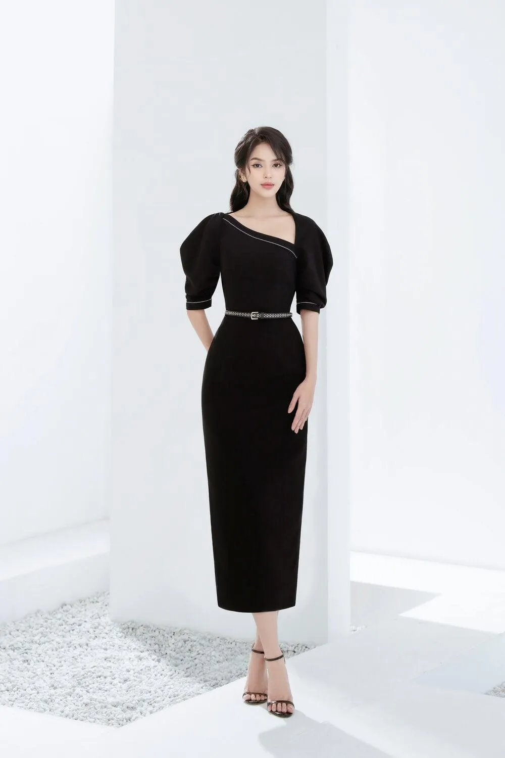 Cloria Pencil Asymmetric Neck Punto Midi Dress