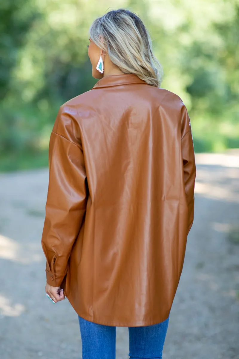 Cognac Faux Leather Shacket