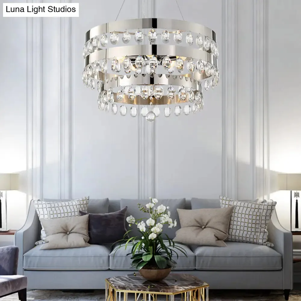 Contemporary Crystal Multi-Layer Chandelier Pendant with 5 Lights - Silver Suspension Lamp for Living Room