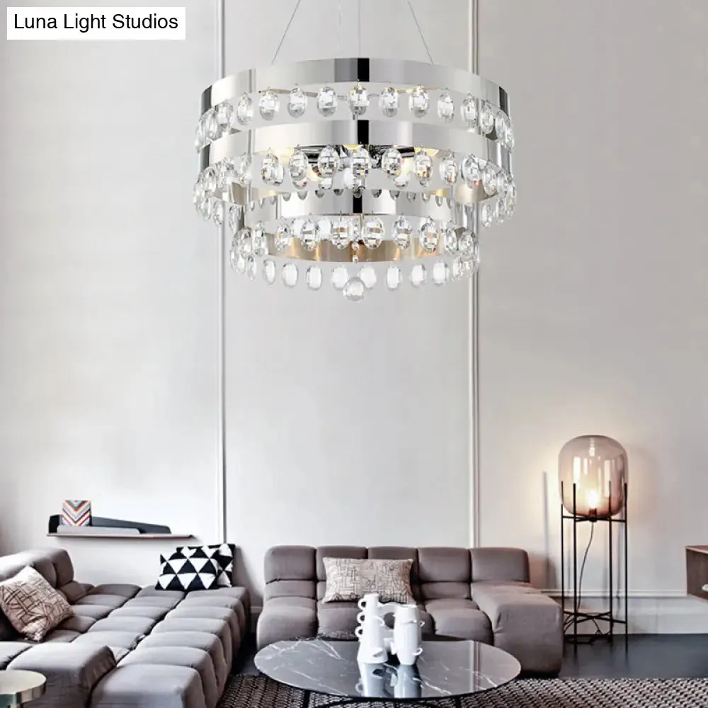 Contemporary Crystal Multi-Layer Chandelier Pendant with 5 Lights - Silver Suspension Lamp for Living Room