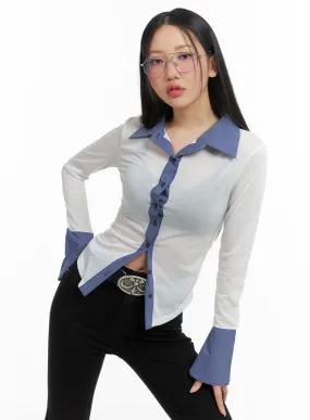 Contrasting Binding Button-Up Blouse CM421