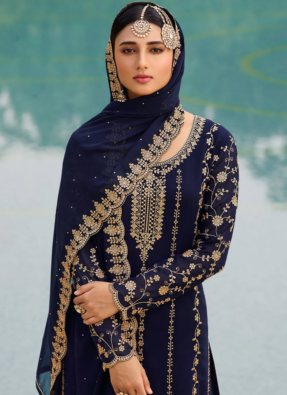 Dark Blue & Gold Embroidered Sequins Sharara Suit