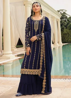 Dark Blue & Gold Embroidered Sequins Sharara Suit