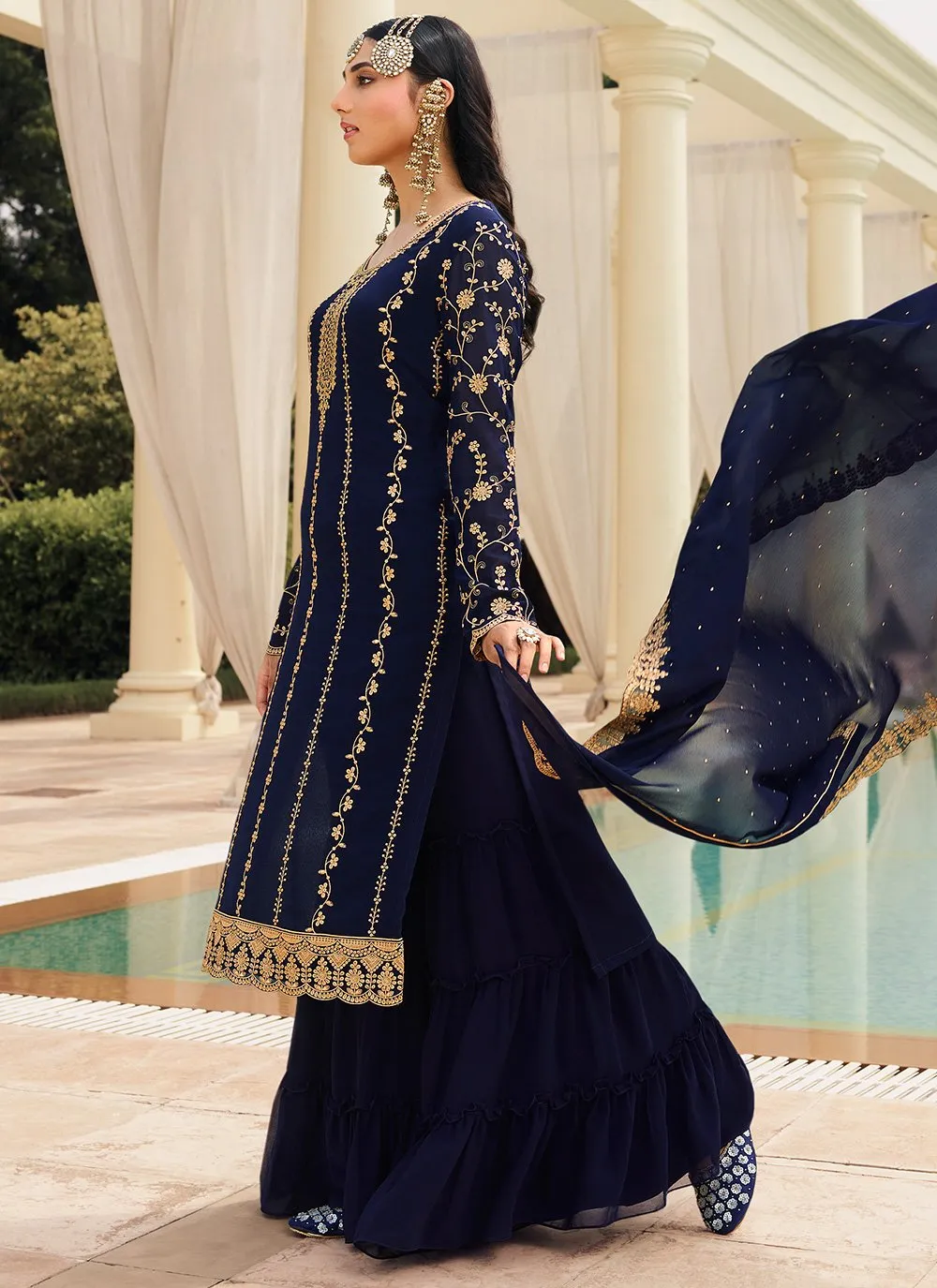 Dark Blue & Gold Embroidered Sequins Sharara Suit