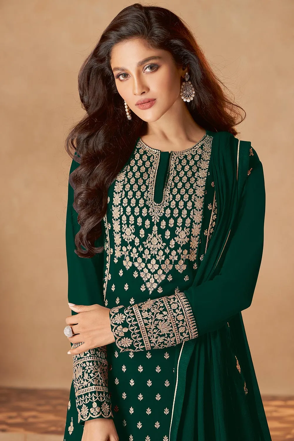 Dark Green Straight Cut Georgette Designer Sharara Suit