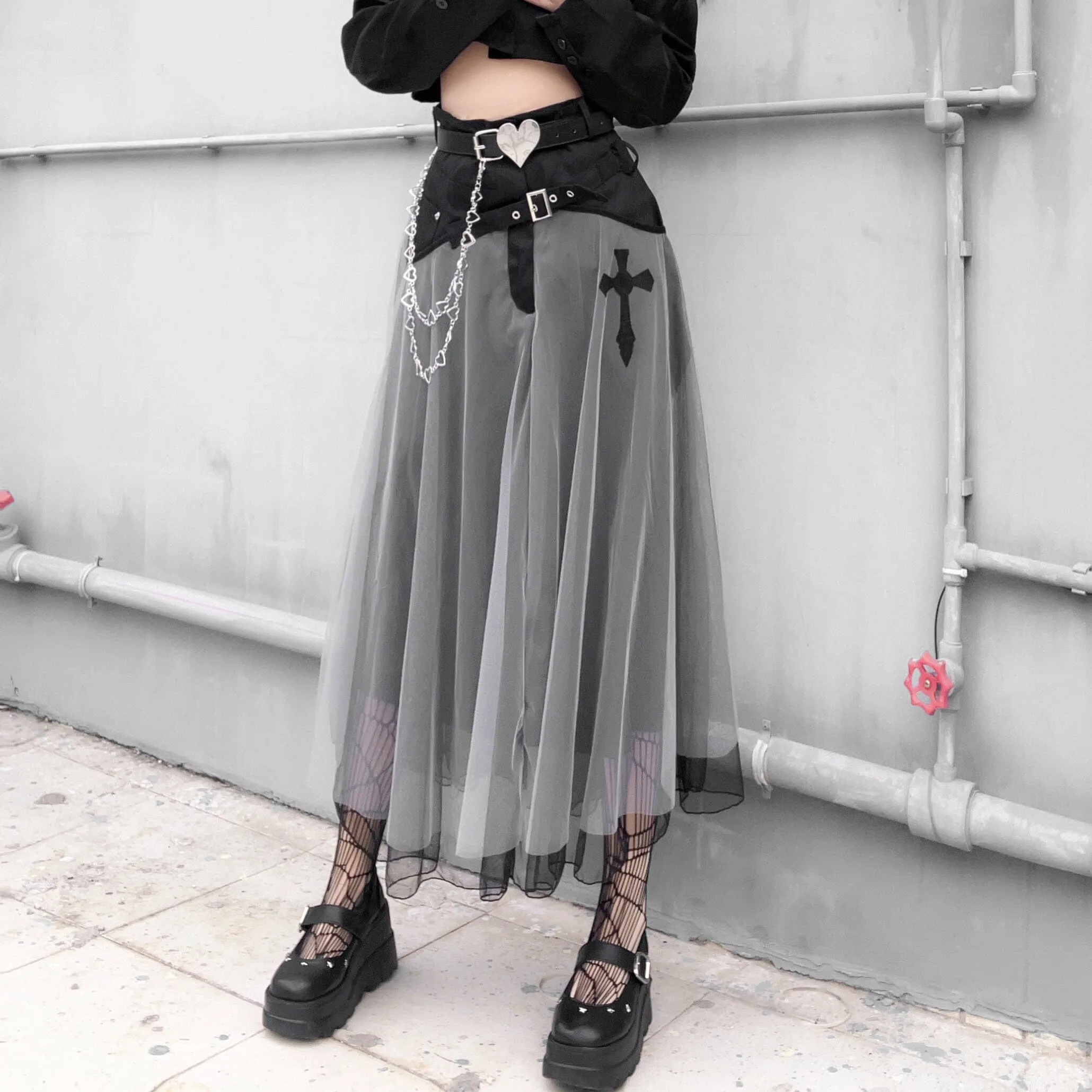 Dark Mesh Double Layer Long Skirt SD02042