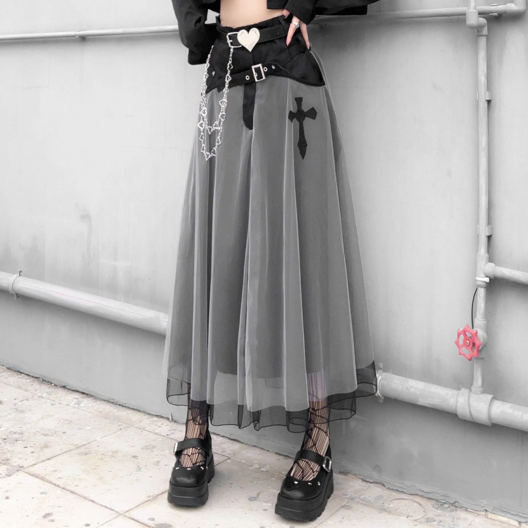 Dark Mesh Double Layer Long Skirt SD02042