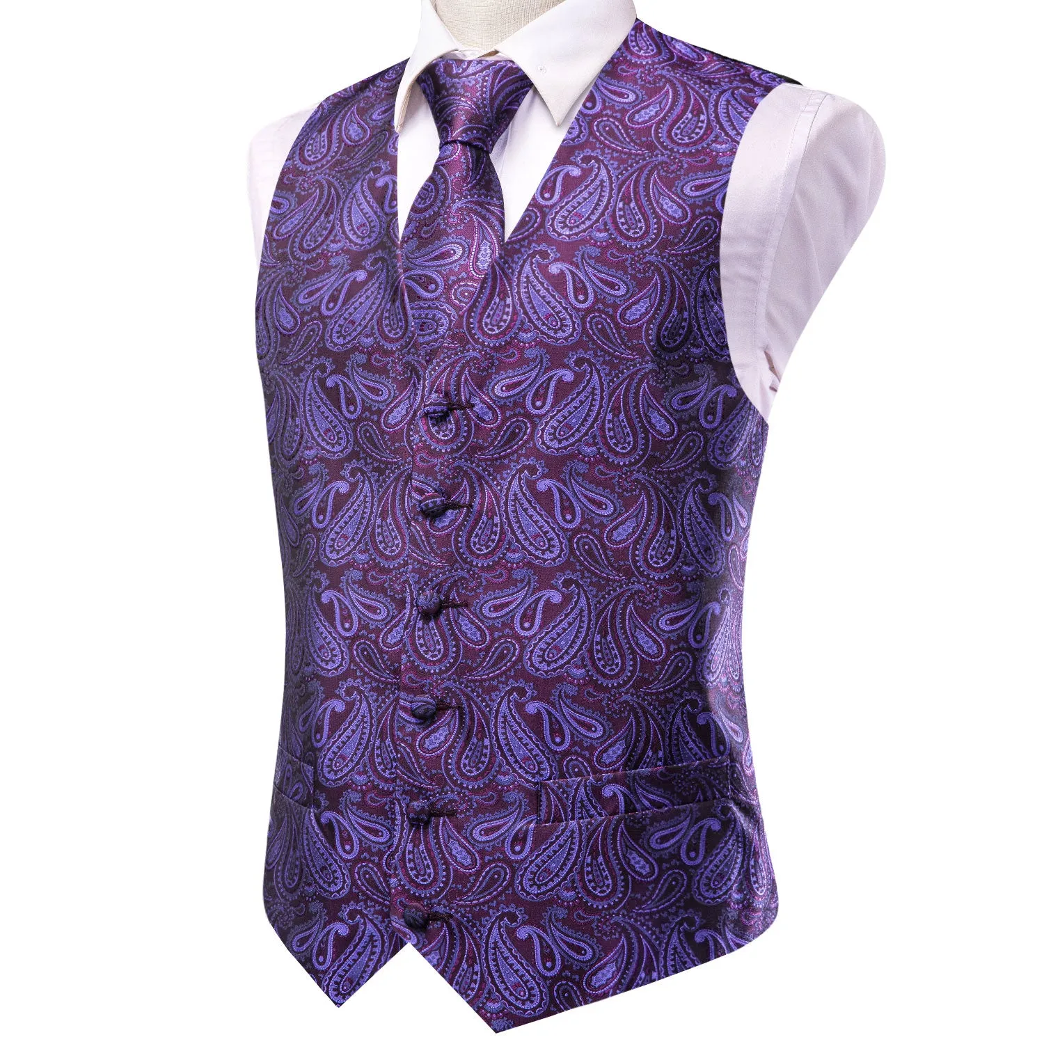 Deep Purple Paisley Men's Vest Hanky Cufflinks Tie Set