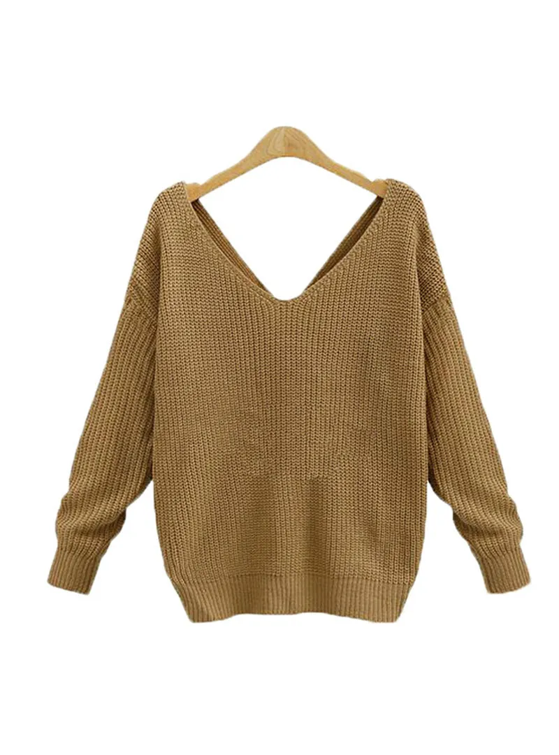 Deep V Neck Tie Up Sweater Women Backless