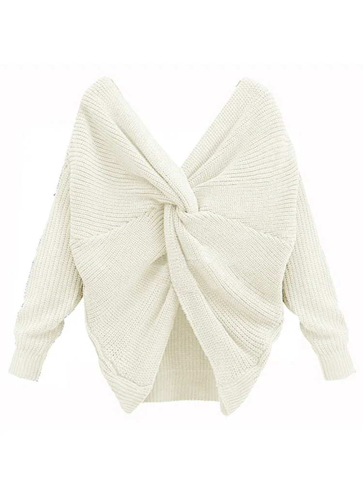 Deep V Neck Tie Up Sweater Women Backless