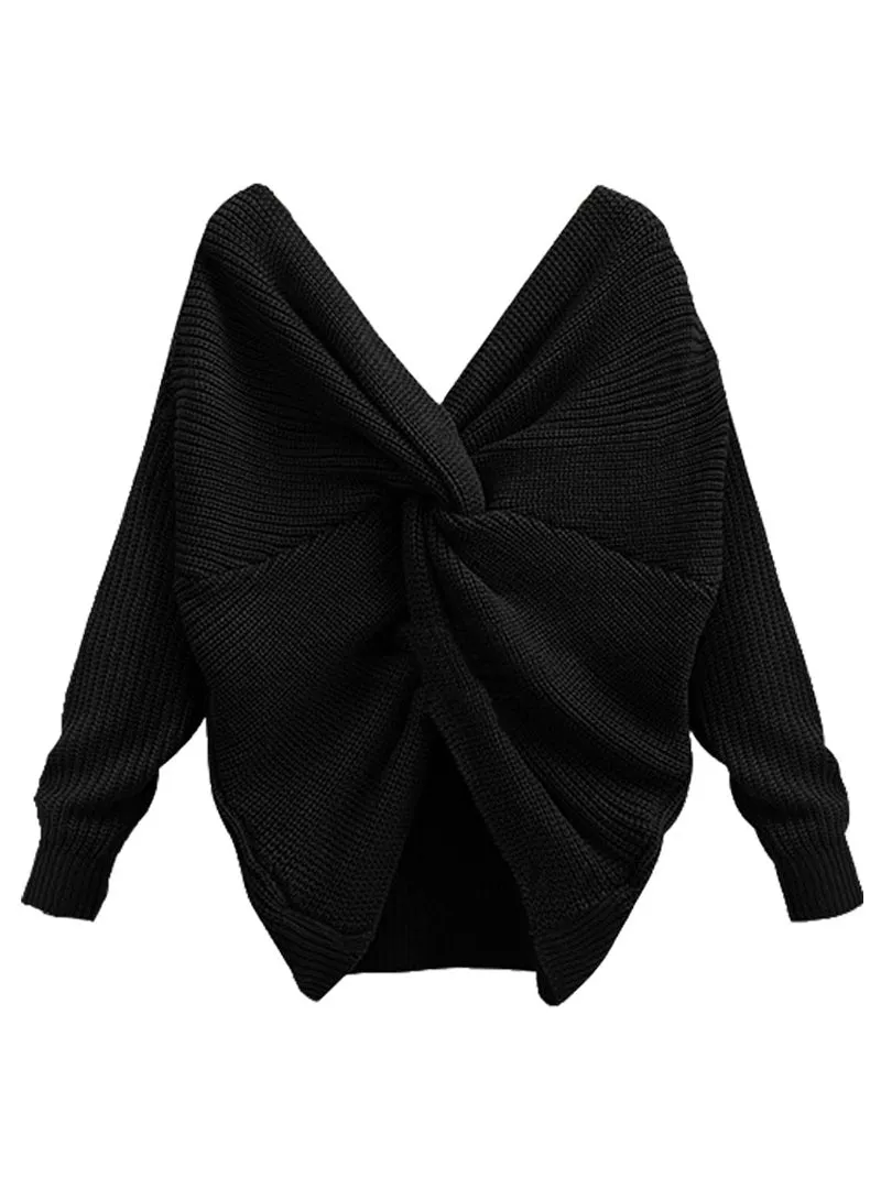 Deep V Neck Tie Up Sweater Women Backless