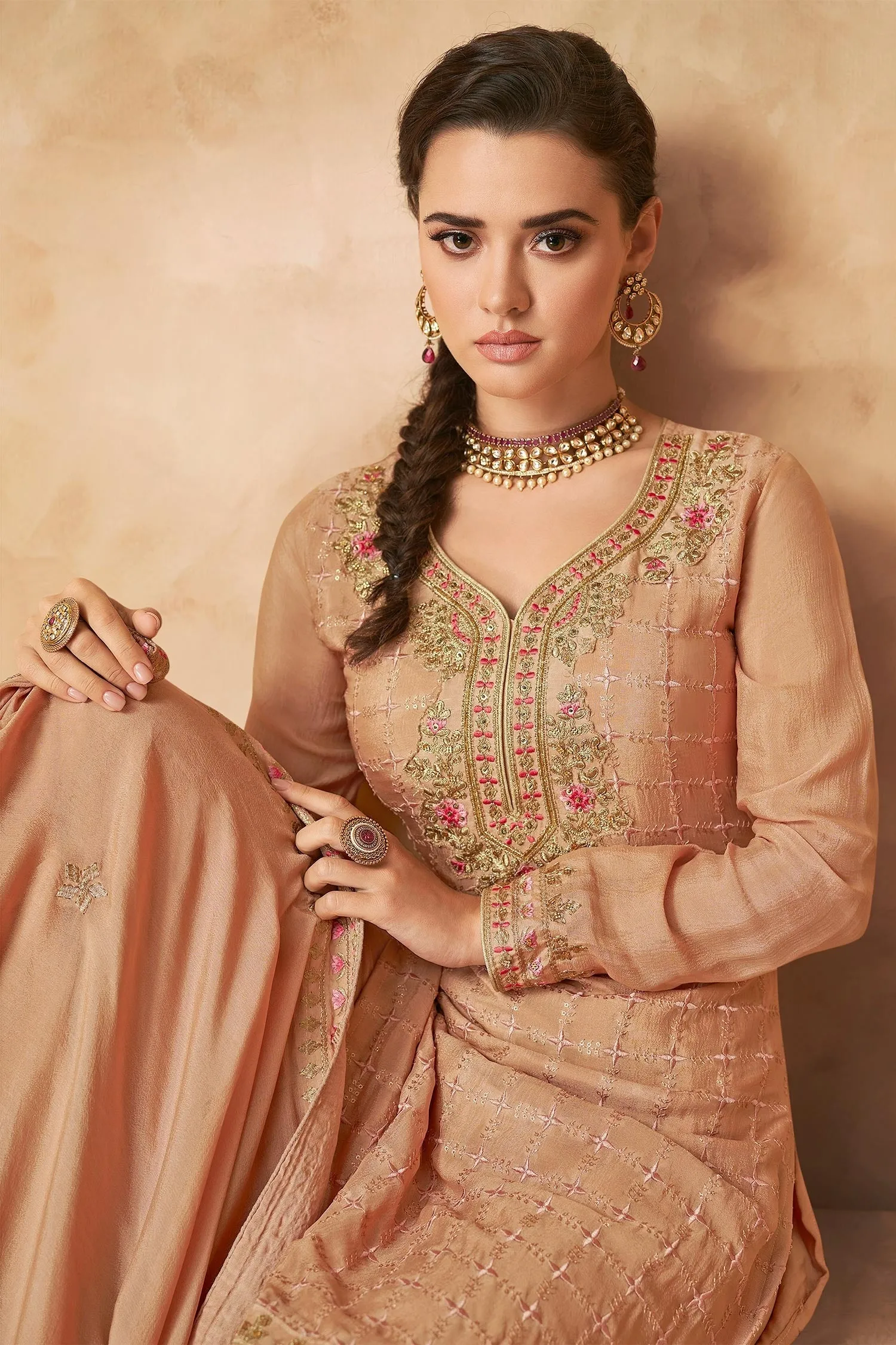 Designer Light Peach Georgette Embroidered Sharara Outfit