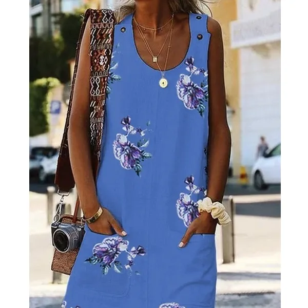 Dunnmall Large Size Women's Dress Floral Print Round Neck Sleeveless Double Pocket Dresses