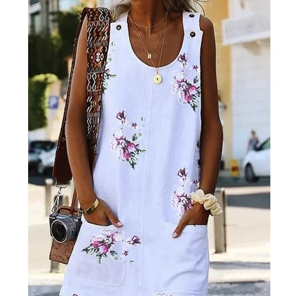 Dunnmall Large Size Women's Dress Floral Print Round Neck Sleeveless Double Pocket Dresses