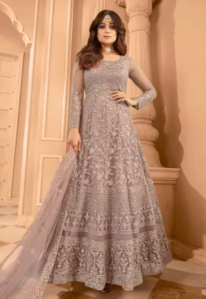 Dusky Mauve Shamita Shetty Net Wedding Anarkali Suit