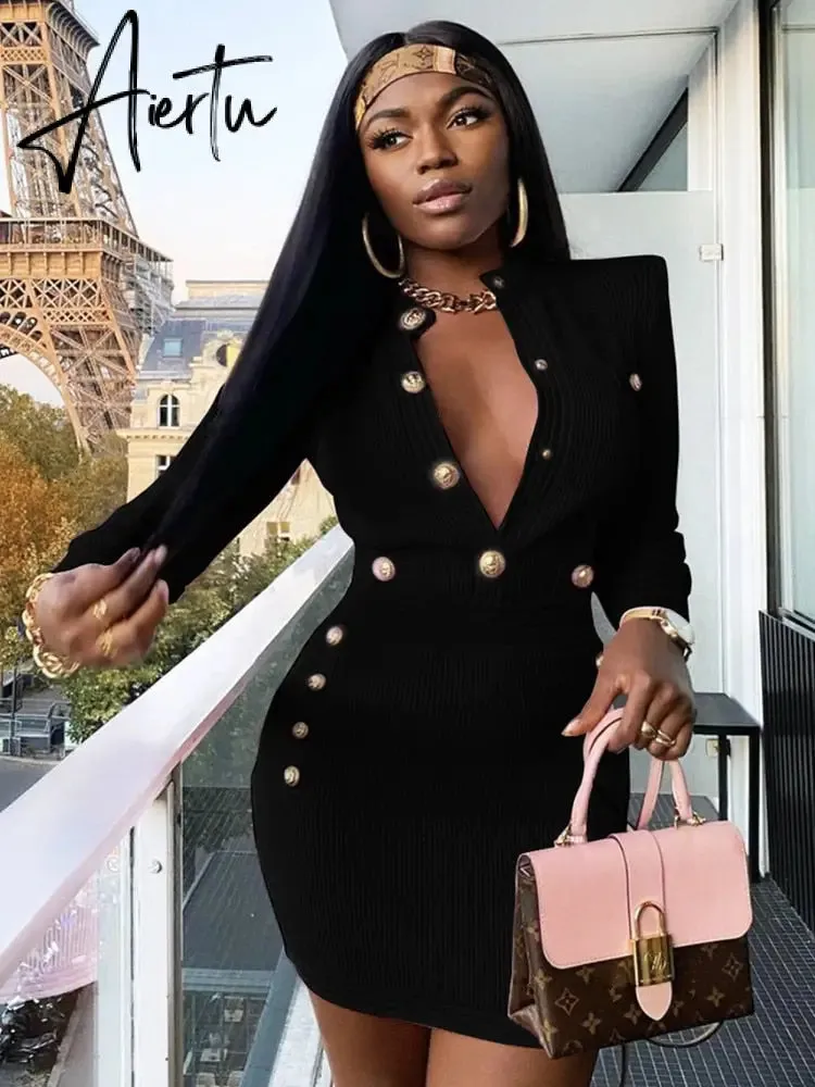 Elegant Evening Club Party Dress New Winter Style Sexy Long Sleeve Key Hole Button Pink Mini Women Bodycon Bandage Dress