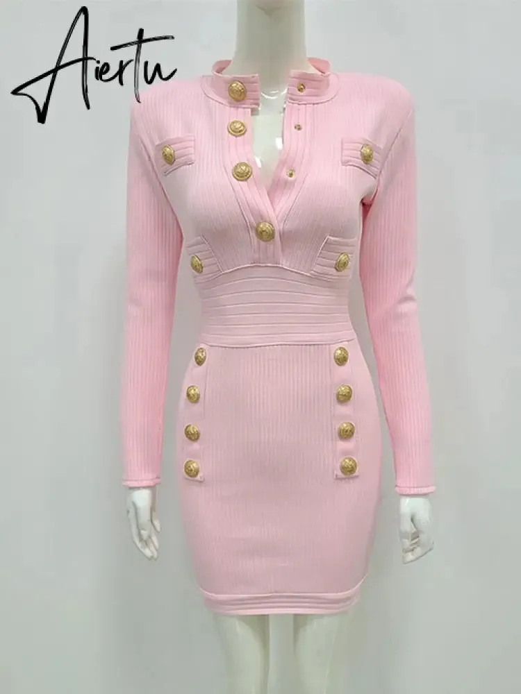 Elegant Evening Club Party Dress New Winter Style Sexy Long Sleeve Key Hole Button Pink Mini Women Bodycon Bandage Dress