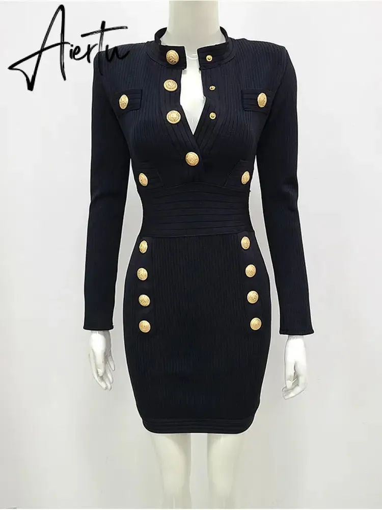 Elegant Evening Club Party Dress New Winter Style Sexy Long Sleeve Key Hole Button Pink Mini Women Bodycon Bandage Dress