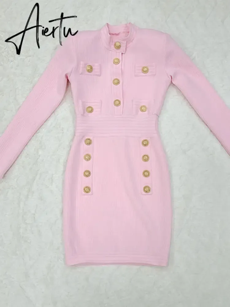 Elegant Evening Club Party Dress New Winter Style Sexy Long Sleeve Key Hole Button Pink Mini Women Bodycon Bandage Dress