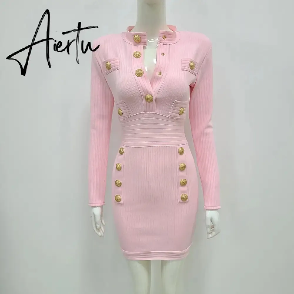 Elegant Evening Club Party Dress New Winter Style Sexy Long Sleeve Key Hole Button Pink Mini Women Bodycon Bandage Dress