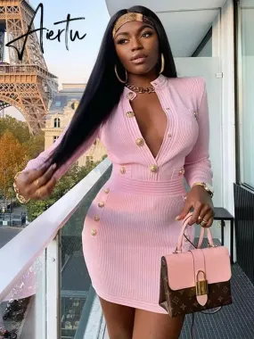 Elegant Evening Club Party Dress New Winter Style Sexy Long Sleeve Key Hole Button Pink Mini Women Bodycon Bandage Dress