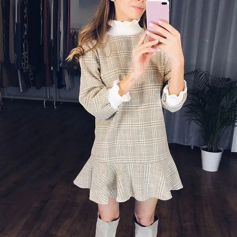 Elegant Plaid Turtleneck Knitted Short Ruffle Sashes Vintage Autumn Office Dress